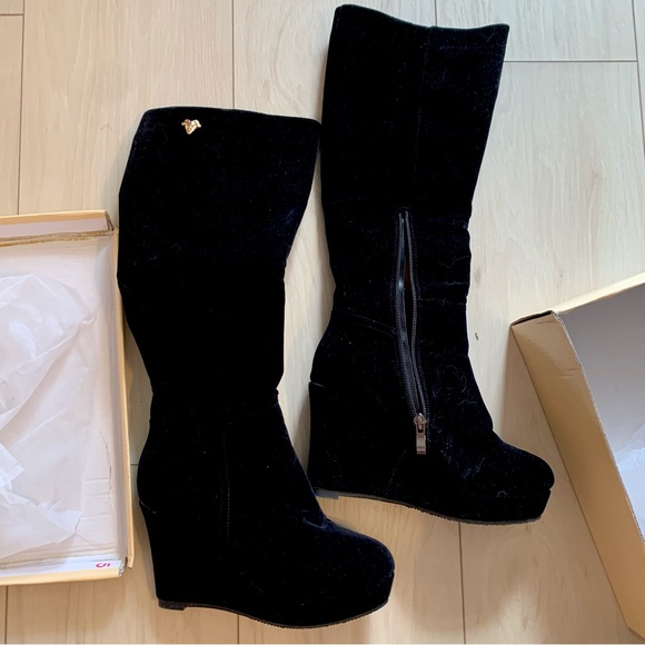 Shoes - Black Velvet Wedge Boots